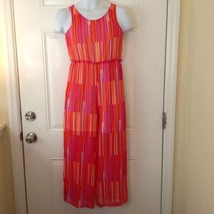 Rare Editions girl's pink white and orange stripe sleeveless jumpsuit